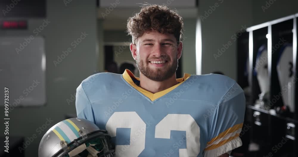 Poster Man, sport and happy as football player in changing room with confidence for game. Male person, portrait and smile with pride for challenge, career and talent growth for tournament or match for club