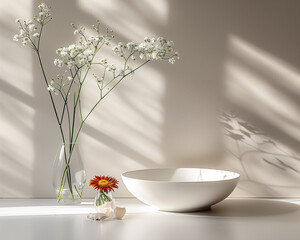 A sophisticated tabletop composition featuring a white ceramic bowl and a glass vase filled with white flowers.