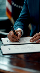 A close-up of a hand signing an official document with a pen, symbolizing authority and important decision-making.