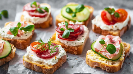 assortment of bruschetts with herbs, ripe tomatoes, creamy cheese and deli meats. rustic presentation, perfect for food blogs, cookbooks, and restaurant menus.