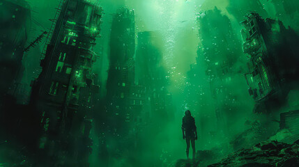 Futuristic Diver Exploring Submerged City Ruins, Underwater Dystopia, Digital Illustration, Sci-Fi Adventure, Mysterious Green Waters, Sunken Buildings, Post-Apocalyptic Marvel