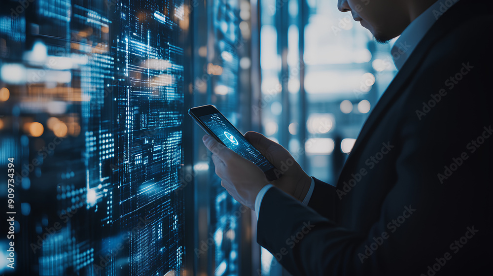 Poster cybersecurity and privacy concepts to protect data. businessman use smartphone with cyber security t