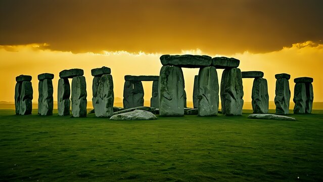 stonehenge. dolmen under yellow sky. sunset. landscape.