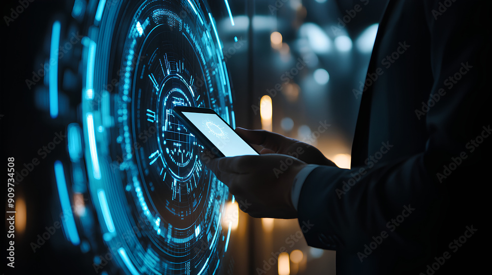 Poster cybersecurity and privacy concepts to protect data. businessman use smartphone with cyber security t