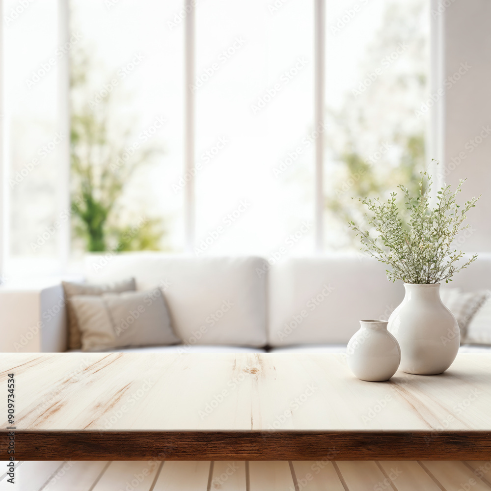Poster empty wooden table top showing modern living room with sofa blurred window background