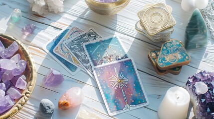 Deck with divination homemade angel cards on bright white table surrounded with semi precious stones crystals