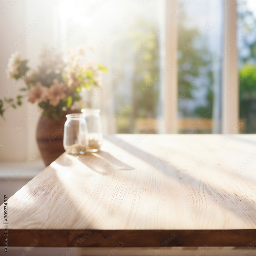 Poster empty wooden table with sun shining from window and blurred bouquet of flowers in background
