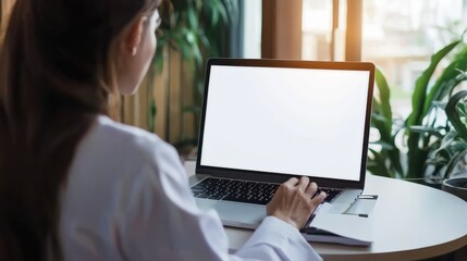 female doctor using laptop computer with white mockup screen technology tele medicine healthcare e website ad, watching e learning medical online telehealth webinar, writing report