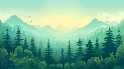 Fototapeta premium Mountain Sunrise Over Lush Forest Illustration