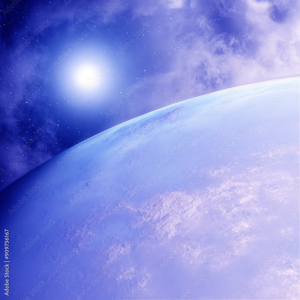 Wall mural blue planet, nebula and stars. space background. 3d rendering.