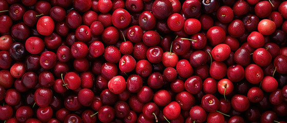 View of a bunch of fresh ripe red Cherry fruits with neatly arranged from above on a wide flat textured background