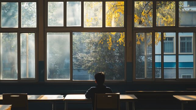 a person alone in classroom looking at window
