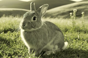 Fototapeta premium A black and white rabbit sitting on a lush green grassy field