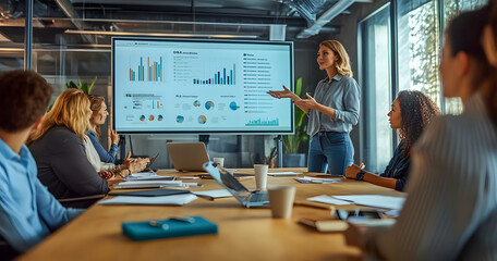 A group of business people in an office meeting room were discussing and presenting ideas on digital marketing