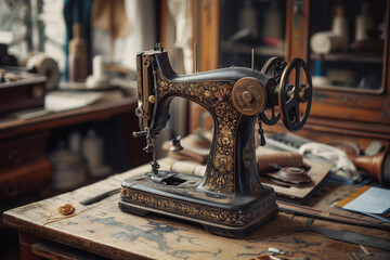 Antique Sewing Machine on Wooden Table