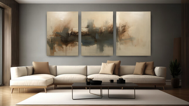 Living room with abstract triptych paintings on the wall Interior design photography for modern home decor and artistic style