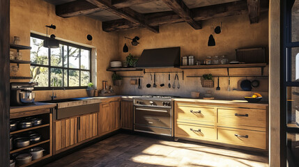 southwestern kitchen interior mockup with sunny window colorful cabinets adobe look home with decor plants and copy space. Warm inviting cozy homey ambience background interior design
