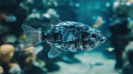 Obraz premium A robotic fish glides smoothly through clear water, showcasing its intricate design in a vibrant aquatic environment