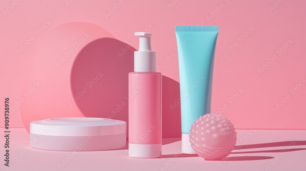 Wall mural stylish skincare products on a minimal pink background