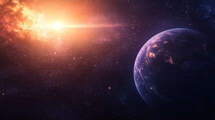 Obraz premium Distant cosmic sunrise illuminating alien planet surface