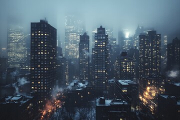Obraz premium Cityscape of Darkened Office Buildings Signifying Economic Decline in 8K Ultra-HD Realistic Photography with Dramatic Lighting