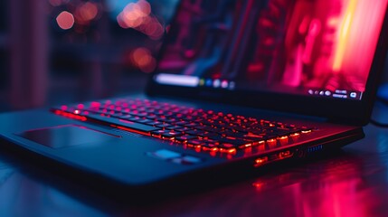 Gaming laptop stands on a table it is night and the keyboard lights up with red colors