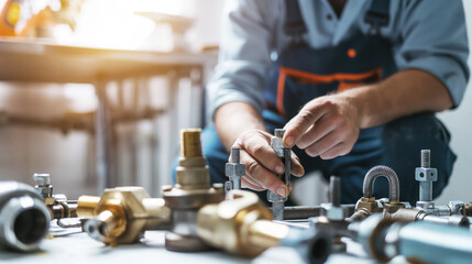 Worker assembling metal parts on table, installing hardware, plumbing materials, industrial work, mechanical workshop, hands-on craftsmanship, repair tools concept - Powered by Adobe