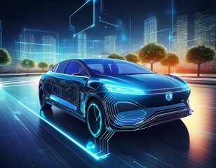 Naklejka premium Luxury car with smart parking system with autonomous technology for safe road scanning