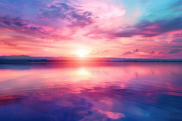 Fototapeta premium Beautiful sunset over tranquil lake, colorful reflections on water, summer paradise mockup
