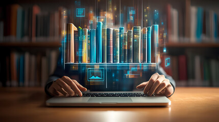 E-library concept. Person use laptop with virtual E-book for electronic books online, knowledge base on internet, digital library or e-library