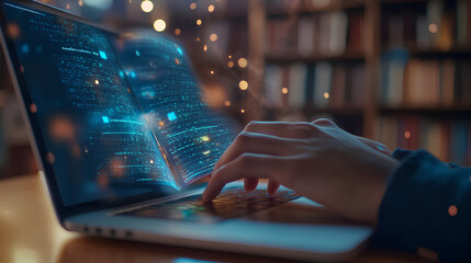 E-library concept. Person use laptop with virtual E-book for electronic books online, knowledge base on internet, digital library or e-library