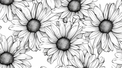 Daisy pattern, hand draw, simple line, black and white. copy space.