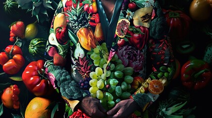 A high-definition image showcasing a fashionable outfit with vegetables and fruits embroidered and printed patterns.