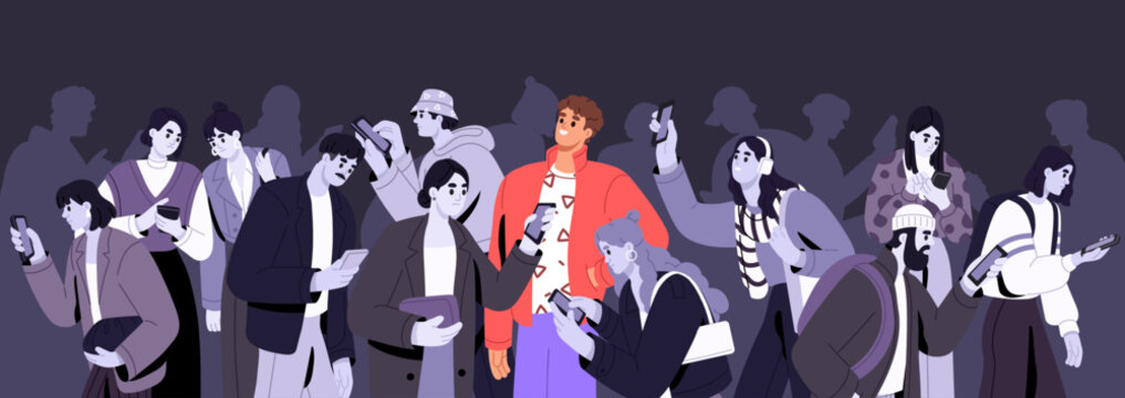 Concept of offline vs. online life. Smartphone addicted people surfing internet banner. Crowd with obsession of phones, social networks, media. Slavery of gadgets, telephones. Flat vector illustration