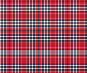 Plaid pattern, red, navy blue, white, seamless for textiles and designing clothing, skirts, pants, aprons, tablecloths, blankets or decorative fabrics. Vector illustration.