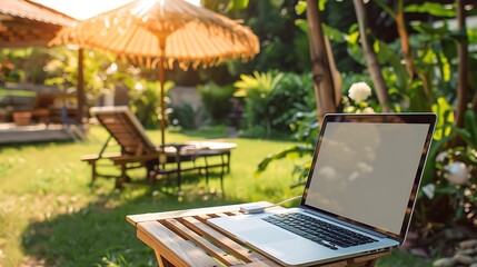 grey laptop computer open with blank screen on wooden lounge chair with straw sun umbrella on green grass garden in exterior yard