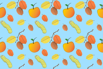 Bright and cheerful autumn pattern featuring colorful leaves and cute worms. Perfect for seasonal designs and projects.