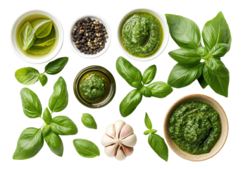 Fresh Italian pesto with basil, garlic, pepper, basil leaves and oil isolated on white background. Top view transparent PNG
