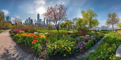 Obraz premium Panorama of a vibrant city park in springtime bloom