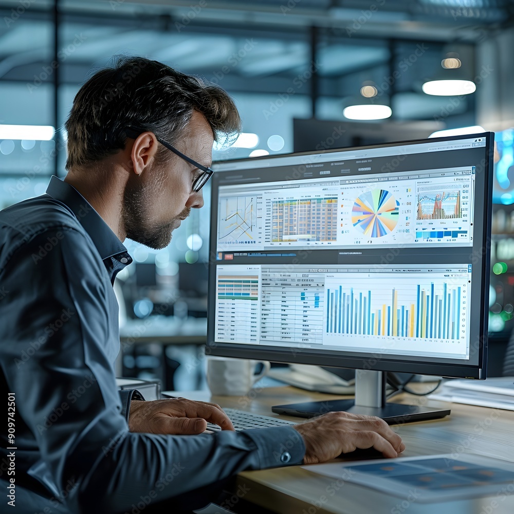 Poster business analyst reviewing charts and graphs on large monitor focused on data analysis and insights
