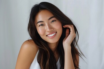 Fototapeta premium Charming woman face Smile to you close up while lying isolated on plain background with hand on face pose