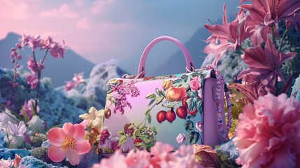 An ultra-high-definition photo presenting a pastel-colored handbag adorned with floral and fruity prints, showcasing a perfect blend of fashion and nature-inspired elements