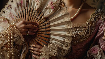 An ultra-high-definition photo showcasing the old money aesthetic in women's wear, with a focus on a lavish gown, a strand of pearls, and a vintage fan.