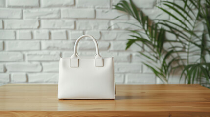 Mockup elegant white leather handbag, placed on wooden table, minimalist white brick wall background, Ai Generated Images
