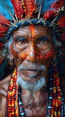 Fototapeta premium photo, portrait of a native Indonesian tribe, front view, intricate detail, taken with IMAX Laser with generative ai