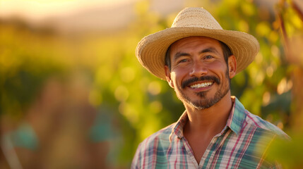 Portrait of Hispanic man with mustache smiling in his straw hat, wearing plaid shirt working on tree farm.