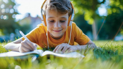 Young Boy Studying with Notebook Outdoors