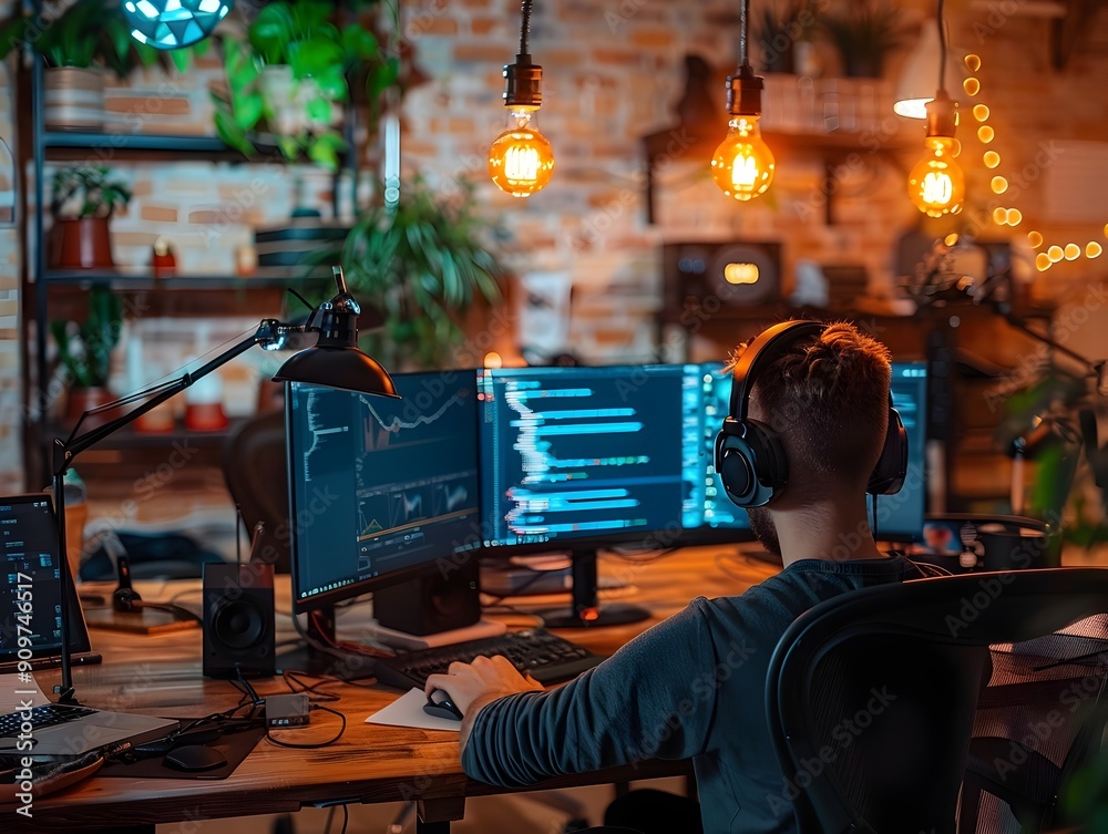 Poster Developers Brainstorming and Coding in a Tech Startup Office with Gadgets