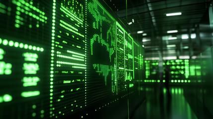 Fototapeta premium Futuristic green-lit display of S&P stock market index on a large screen