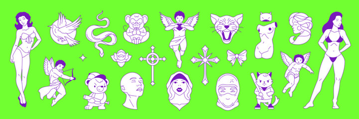 Y2k trendy neo gothic contemporary tattoos pop art style outline vector illustrations set. Psychedelic monochrome tattoo snake, woman, angel graphic elements for sticker, print and t-shirt design